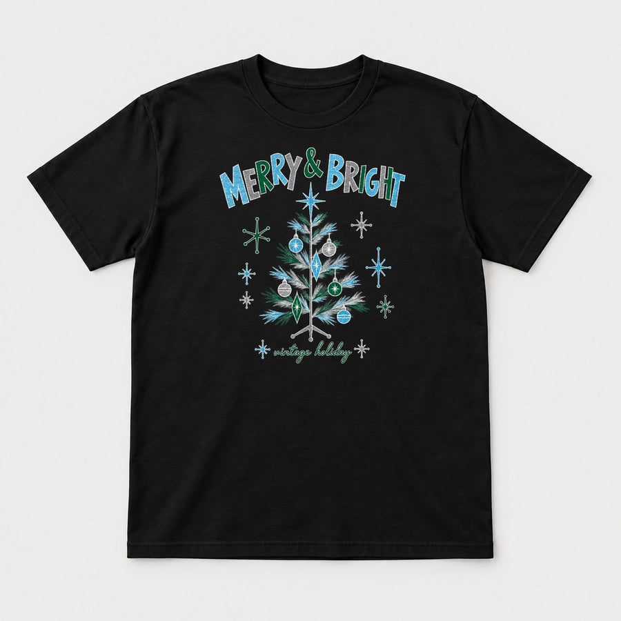 Merry & Bright Retro Mid-Century Christmas Tree Graphic T-Shirt & Sweatshirt