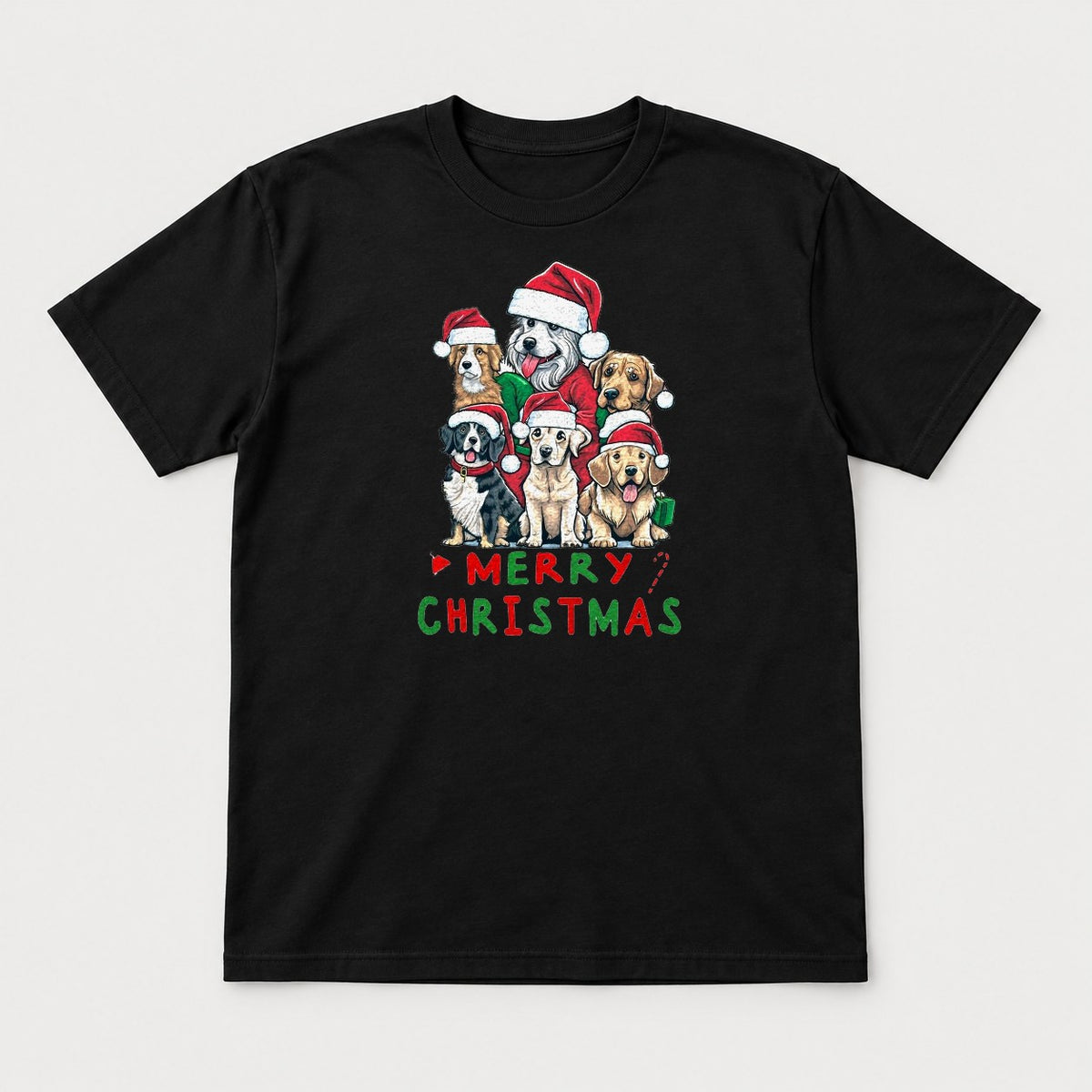 Merry Christmas Dogs in Santa Hats Graphic T-Shirt & Sweatshirt - Tshirt Black Front