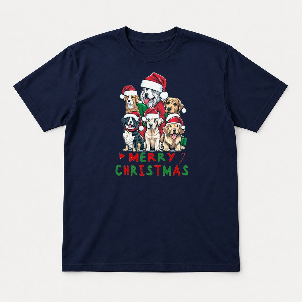 Merry Christmas Dogs in Santa Hats Graphic T-Shirt & Sweatshirt - Tshirt Navy Front