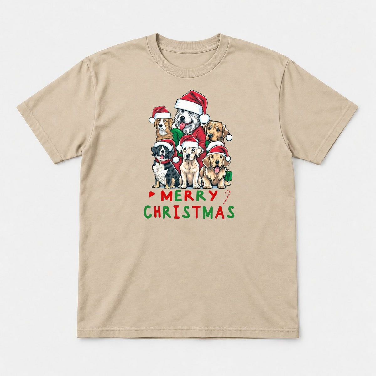 Merry Christmas Dogs in Santa Hats Graphic T-Shirt & Sweatshirt - Tshirt Sand Front