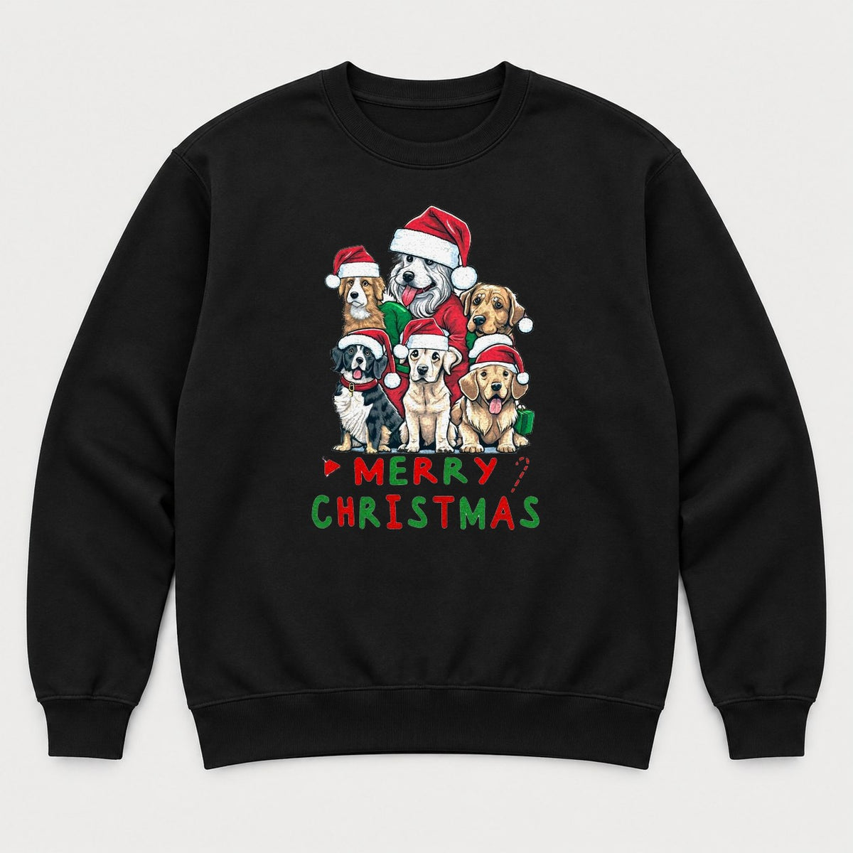 Merry Christmas Dogs in Santa Hats Graphic T-Shirt & Sweatshirt - Sweatshirt Black Front