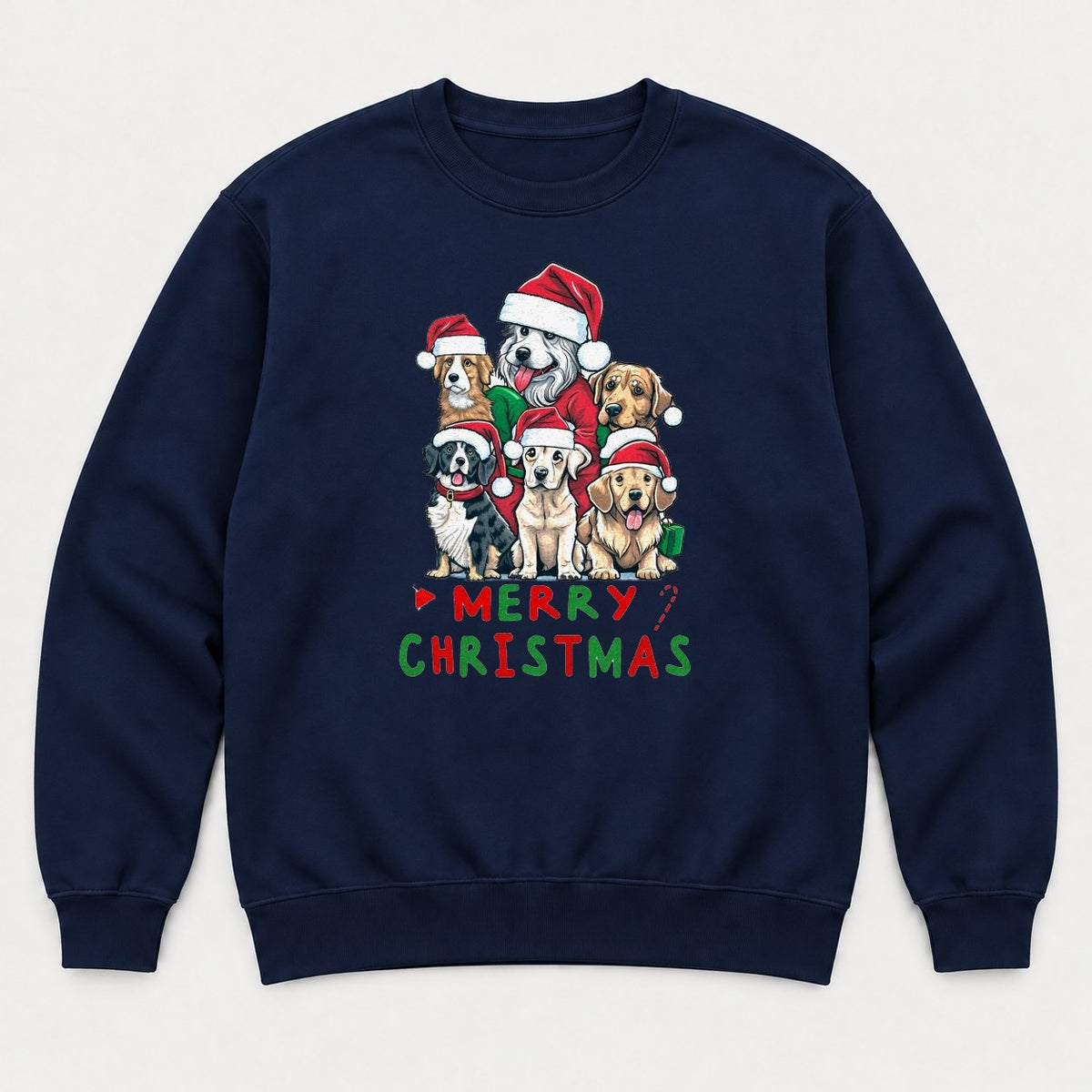Merry Christmas Dogs in Santa Hats Graphic T-Shirt & Sweatshirt - Sweatshirt Navy Front