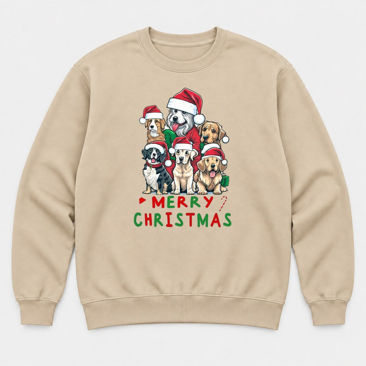 Merry Christmas Dogs in Santa Hats Graphic T-Shirt & Sweatshirt - Sweatshirt Sand Front