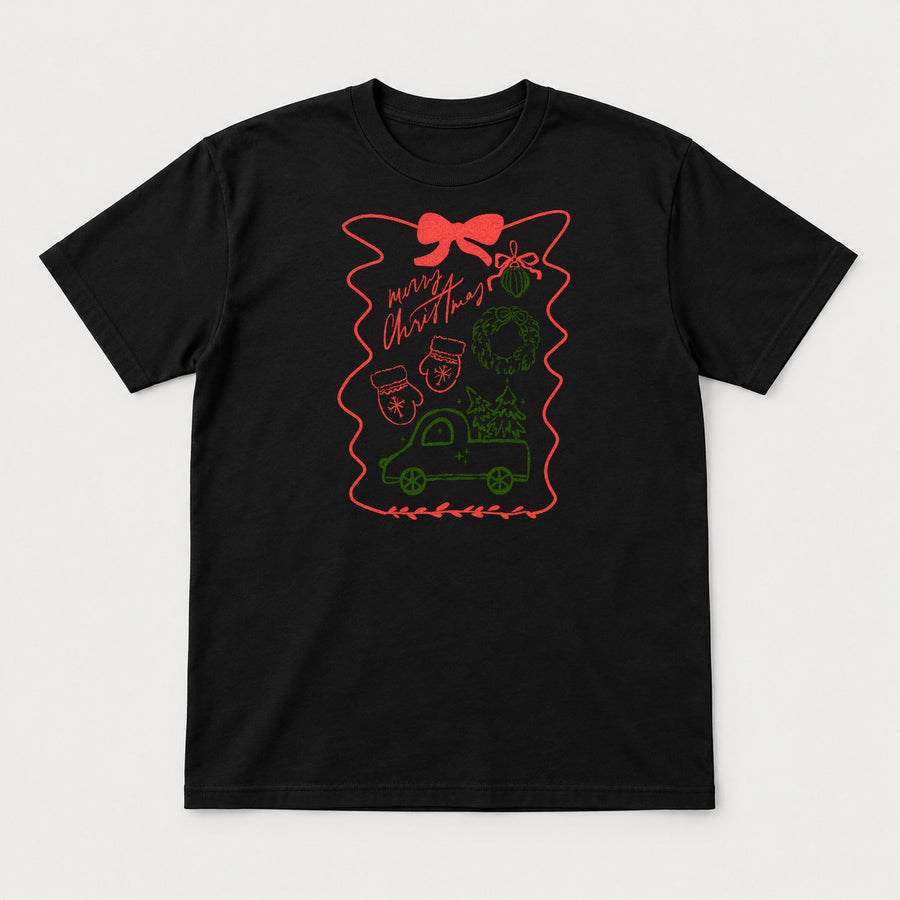 Merry Christmas Hand-Drawn Truck & Wreath Graphic T-Shirt & Sweatshirt