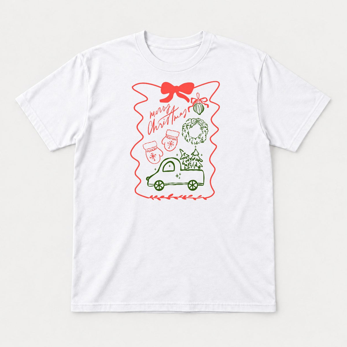 Merry Christmas Hand-Drawn Truck & Wreath Graphic T-Shirt & Sweatshirt - Tshirt White Front