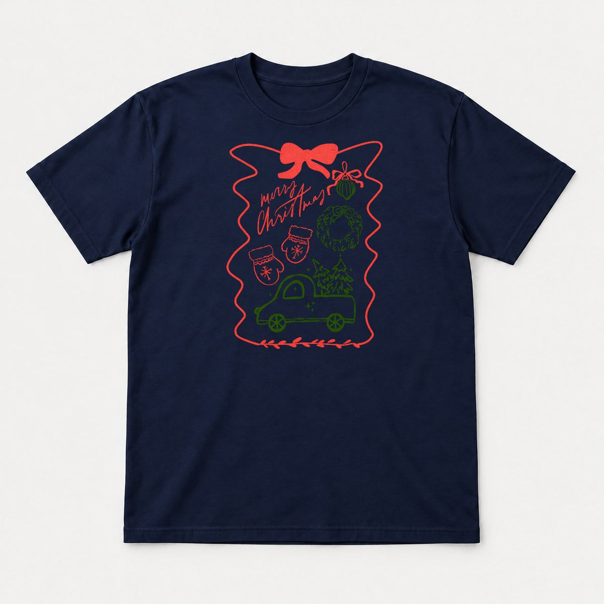 Merry Christmas Hand-Drawn Truck & Wreath Graphic T-Shirt & Sweatshirt - Tshirt Navy Front