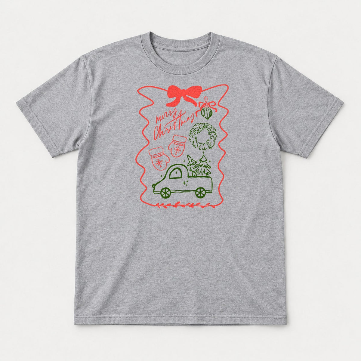 Merry Christmas Hand-Drawn Truck & Wreath Graphic T-Shirt & Sweatshirt - Tshirt Sport Grey Front