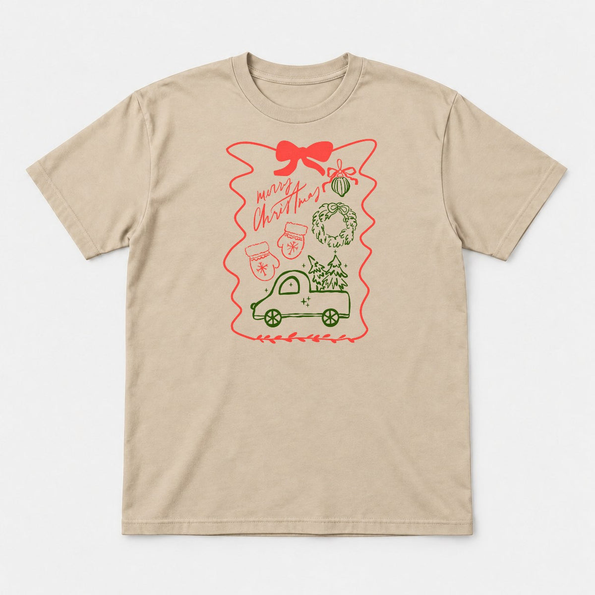 Merry Christmas Hand-Drawn Truck & Wreath Graphic T-Shirt & Sweatshirt - Tshirt Sand Front