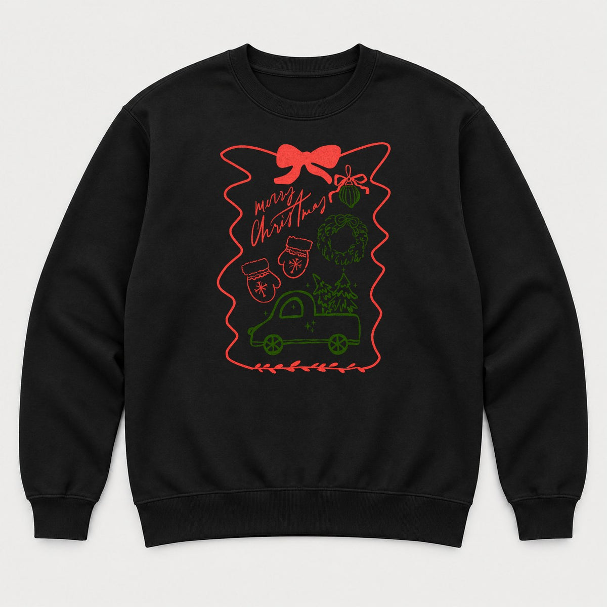 Merry Christmas Hand-Drawn Truck & Wreath Graphic T-Shirt & Sweatshirt - Sweatshirt Black Front
