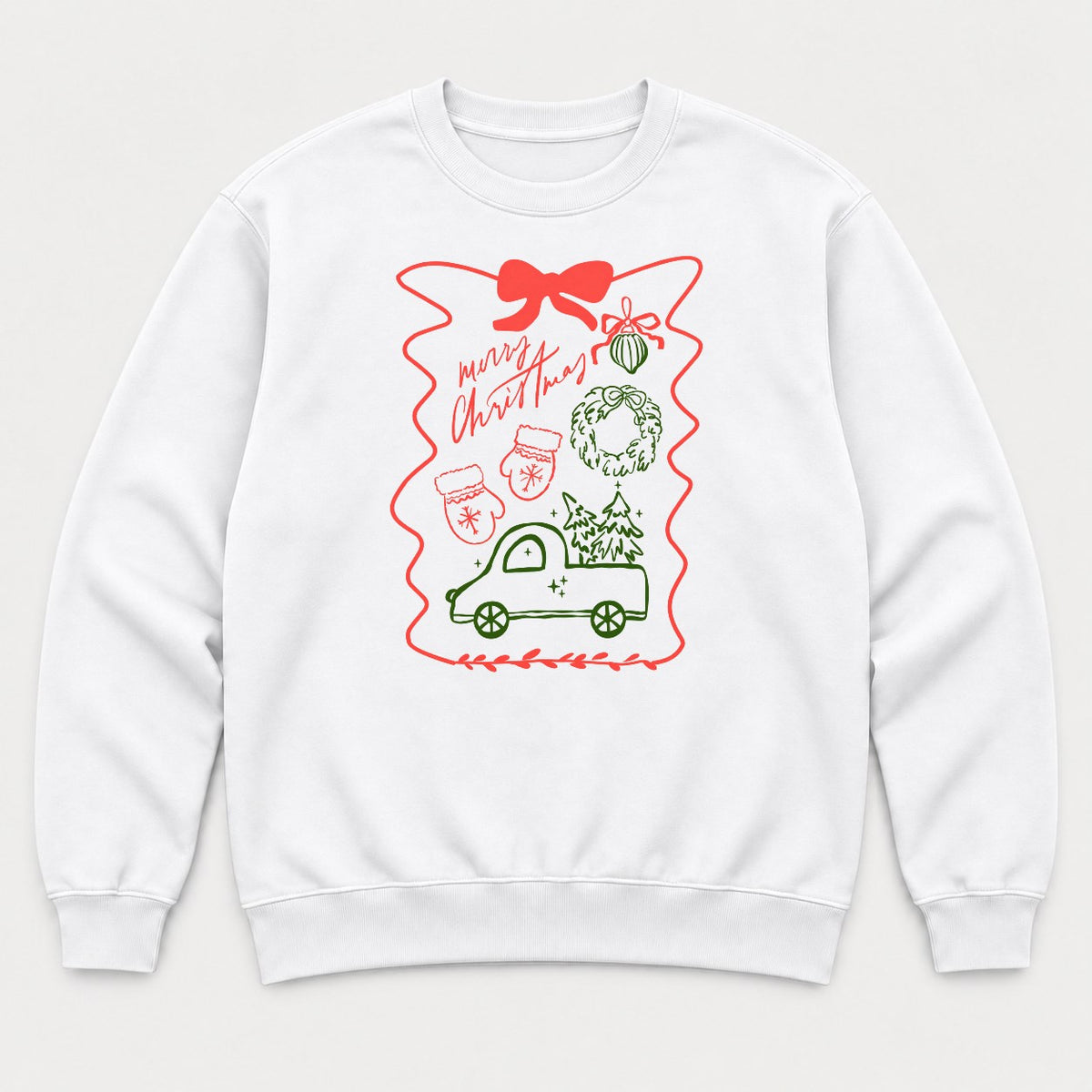 Merry Christmas Hand-Drawn Truck & Wreath Graphic T-Shirt & Sweatshirt - Sweatshirt White Front