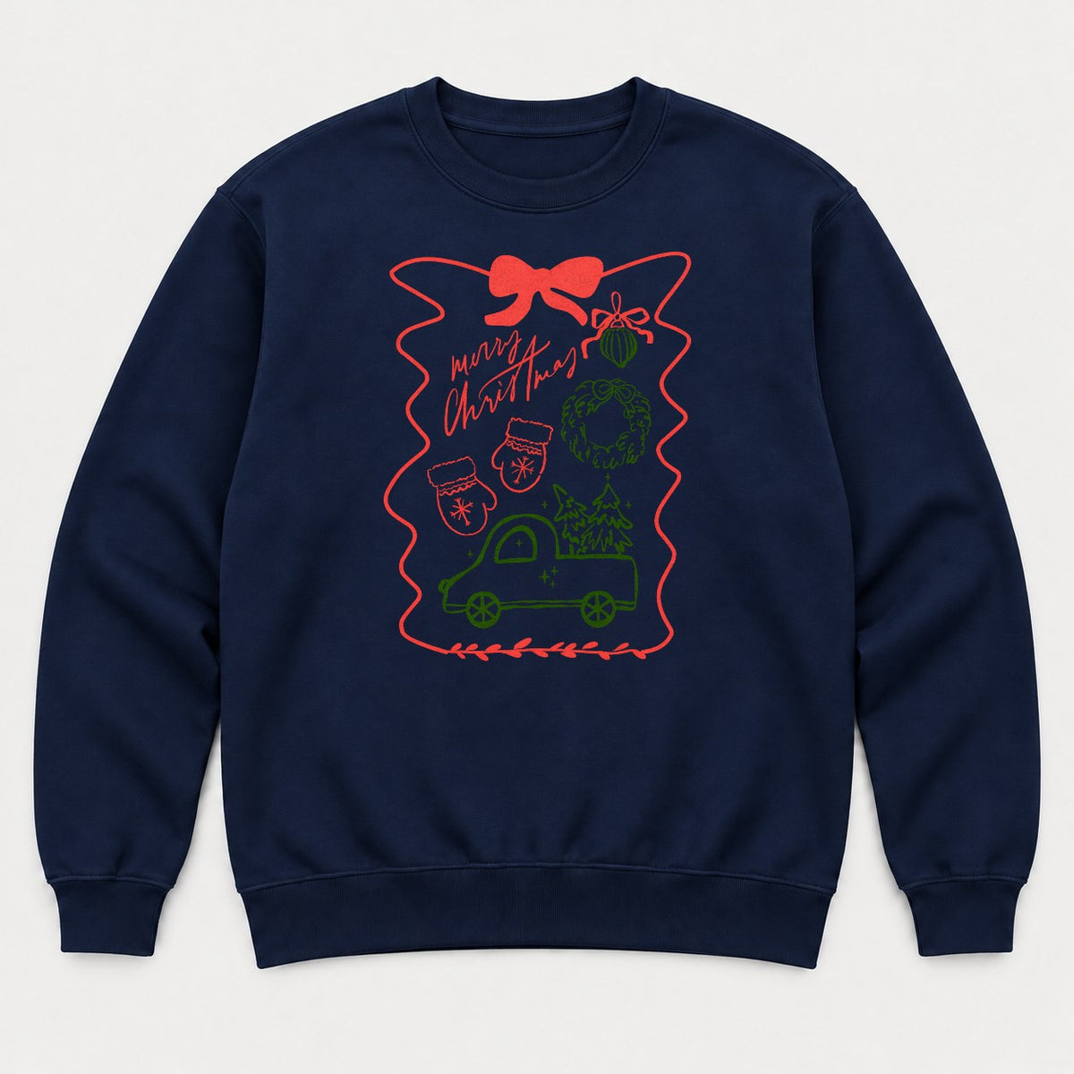Merry Christmas Hand-Drawn Truck & Wreath Graphic T-Shirt & Sweatshirt - Sweatshirt Navy Front