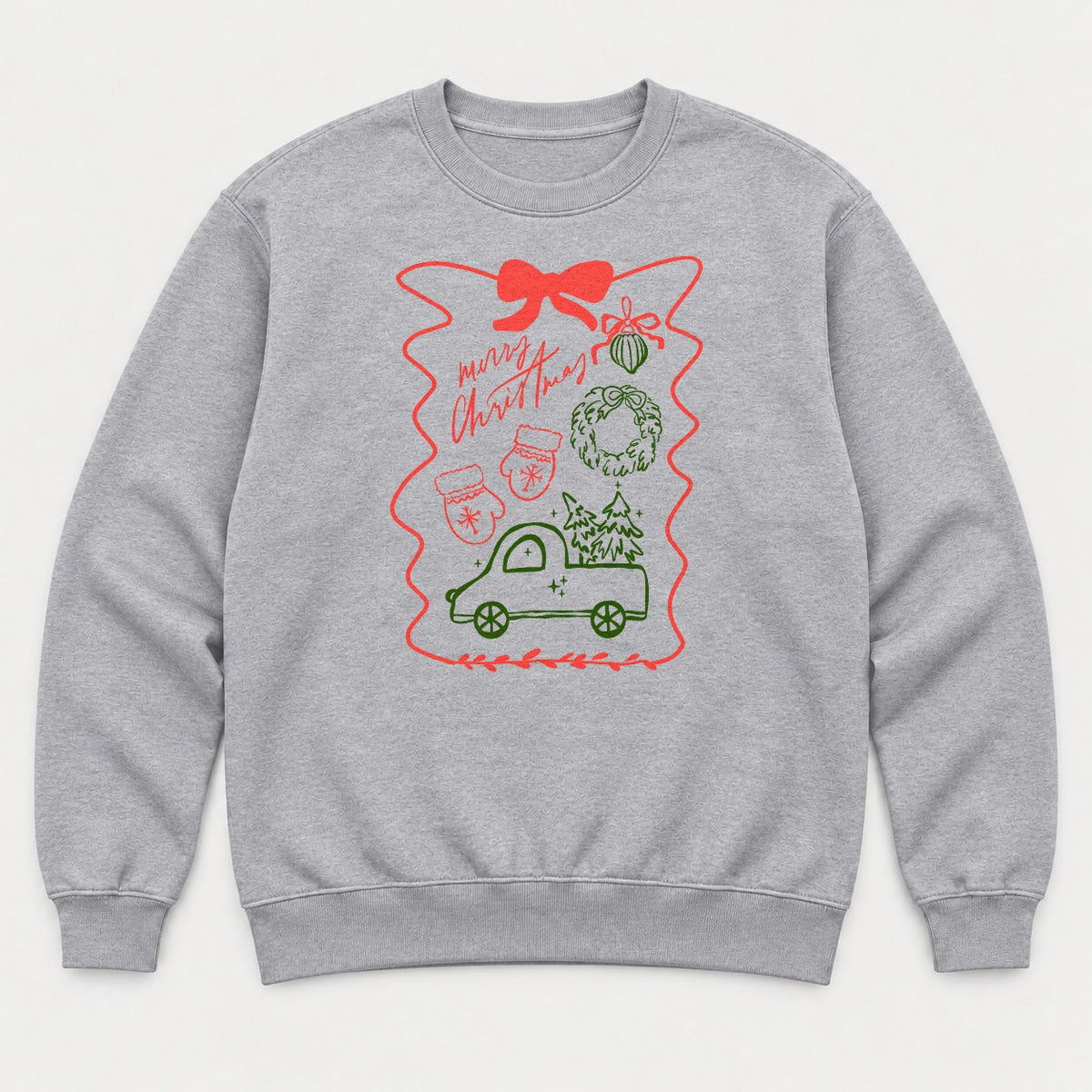 Merry Christmas Hand-Drawn Truck & Wreath Graphic T-Shirt & Sweatshirt - Sweatshirt Sport Grey Front