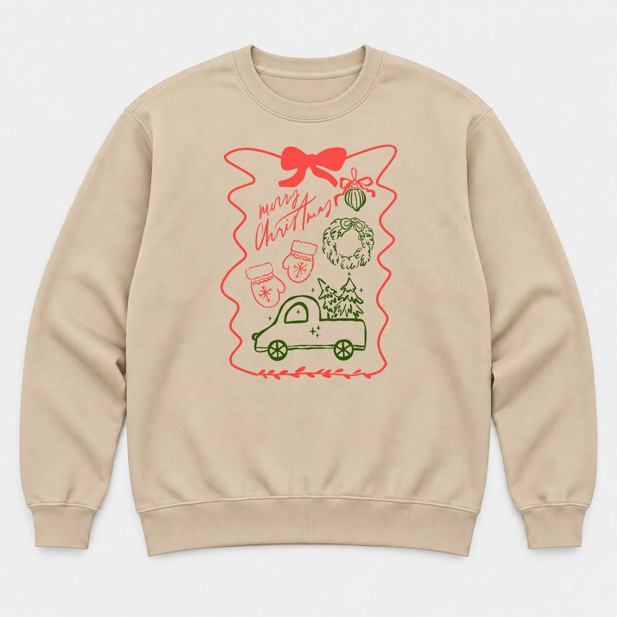 Merry Christmas Hand-Drawn Truck & Wreath Graphic T-Shirt & Sweatshirt - Sweatshirt Sand Front
