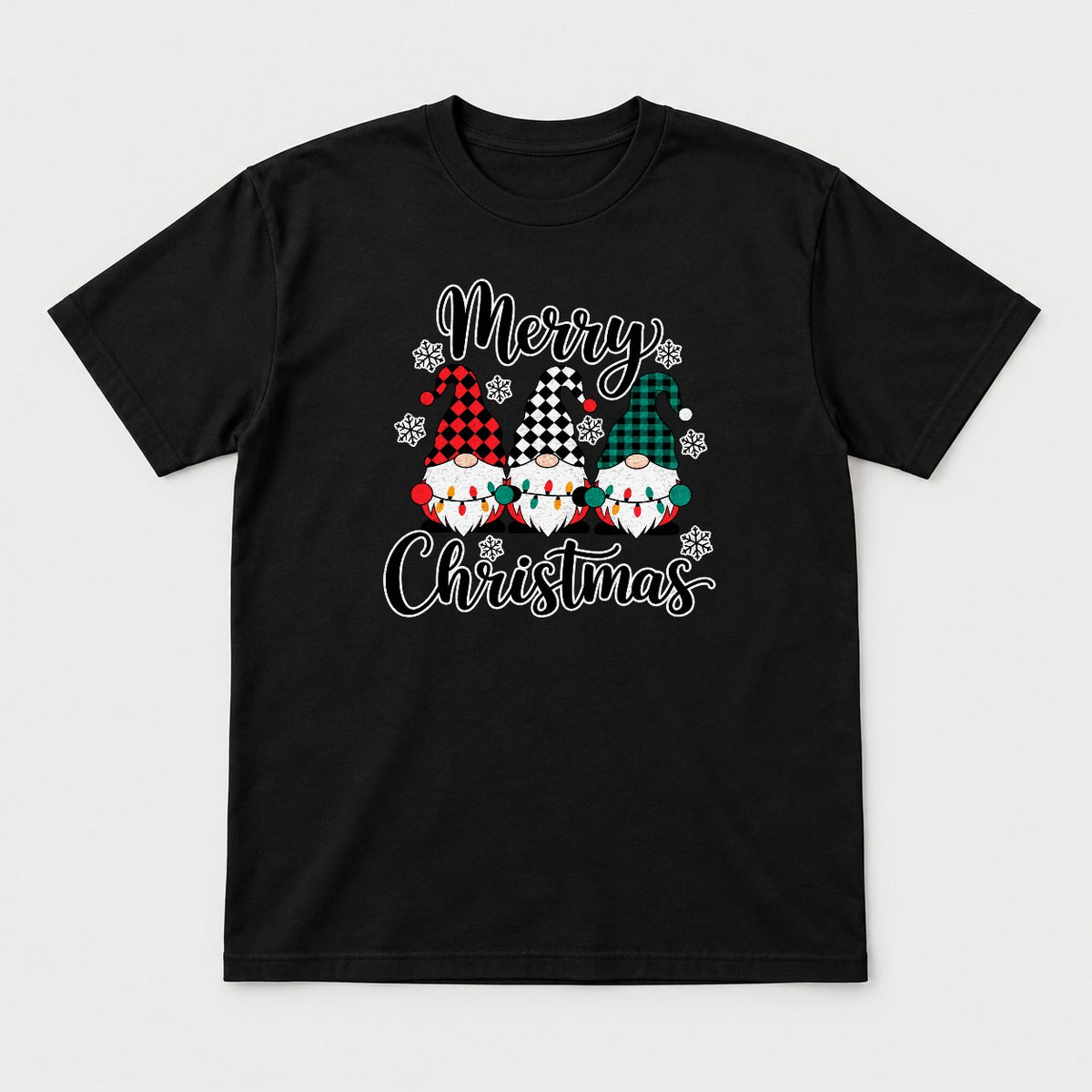 Merry Christmas Plaid Gnomes Graphic T-Shirt & Sweatshirt - Tshirt Black Front