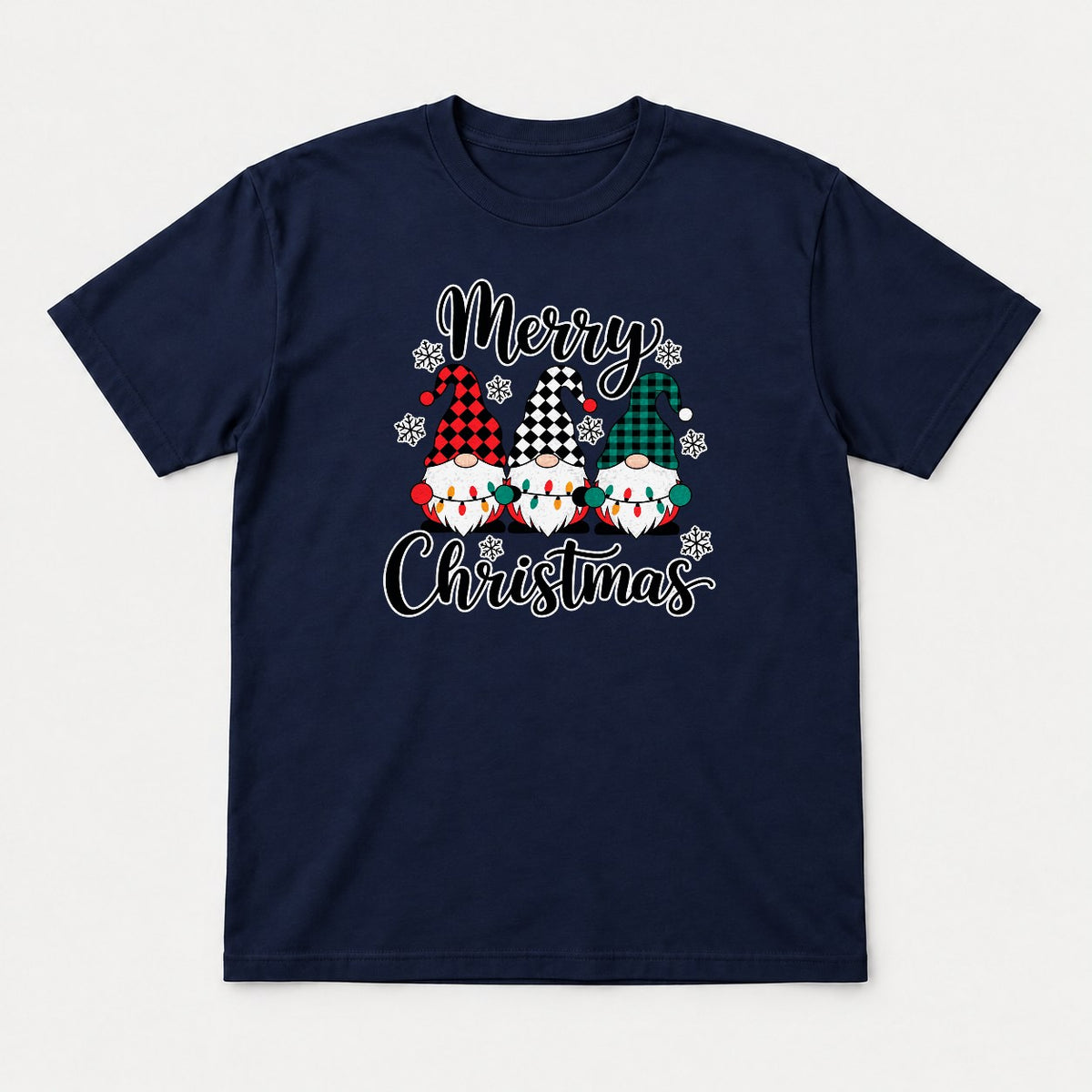 Merry Christmas Plaid Gnomes Graphic T-Shirt & Sweatshirt - Tshirt Navy Front