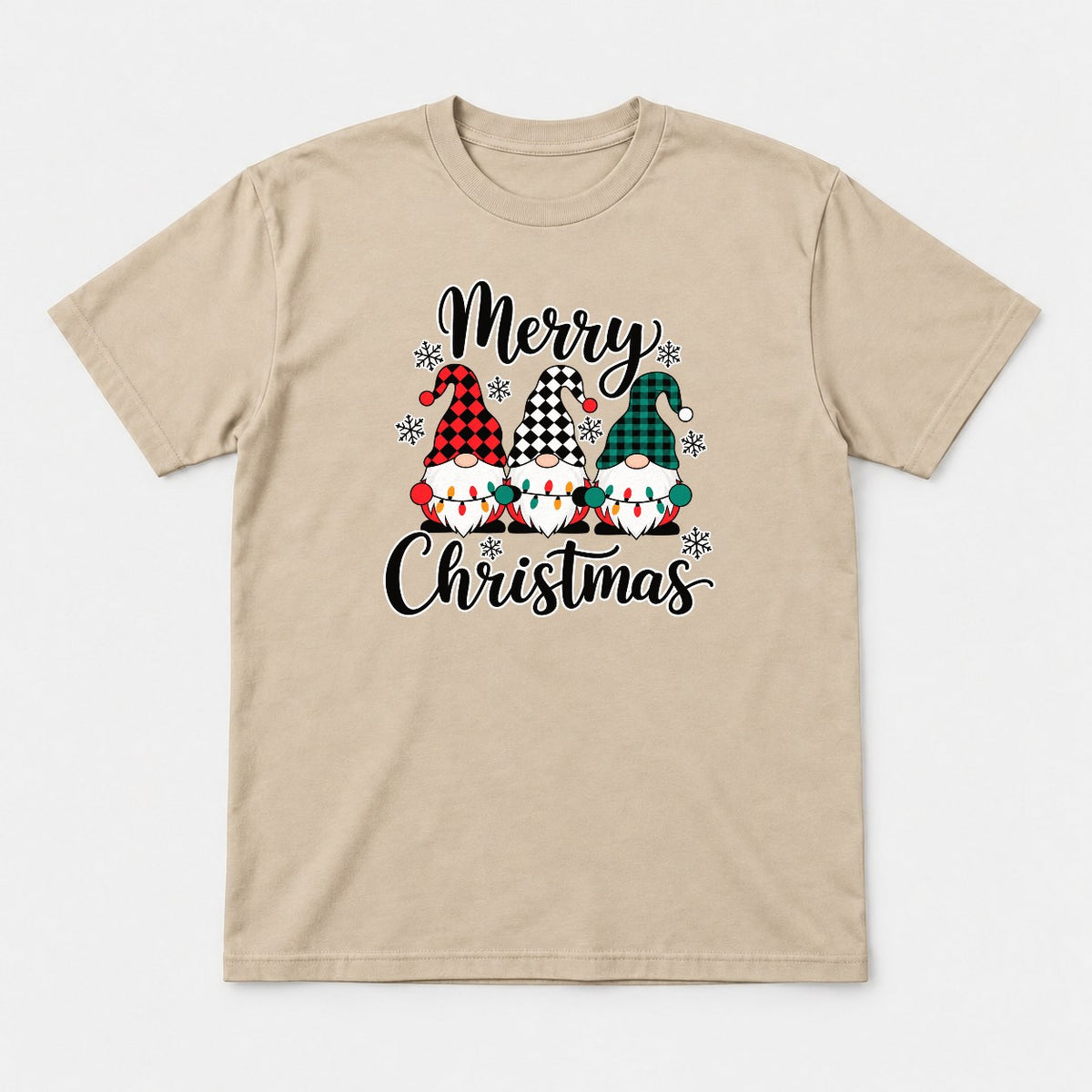 Merry Christmas Plaid Gnomes Graphic T-Shirt & Sweatshirt - Tshirt Sand Front