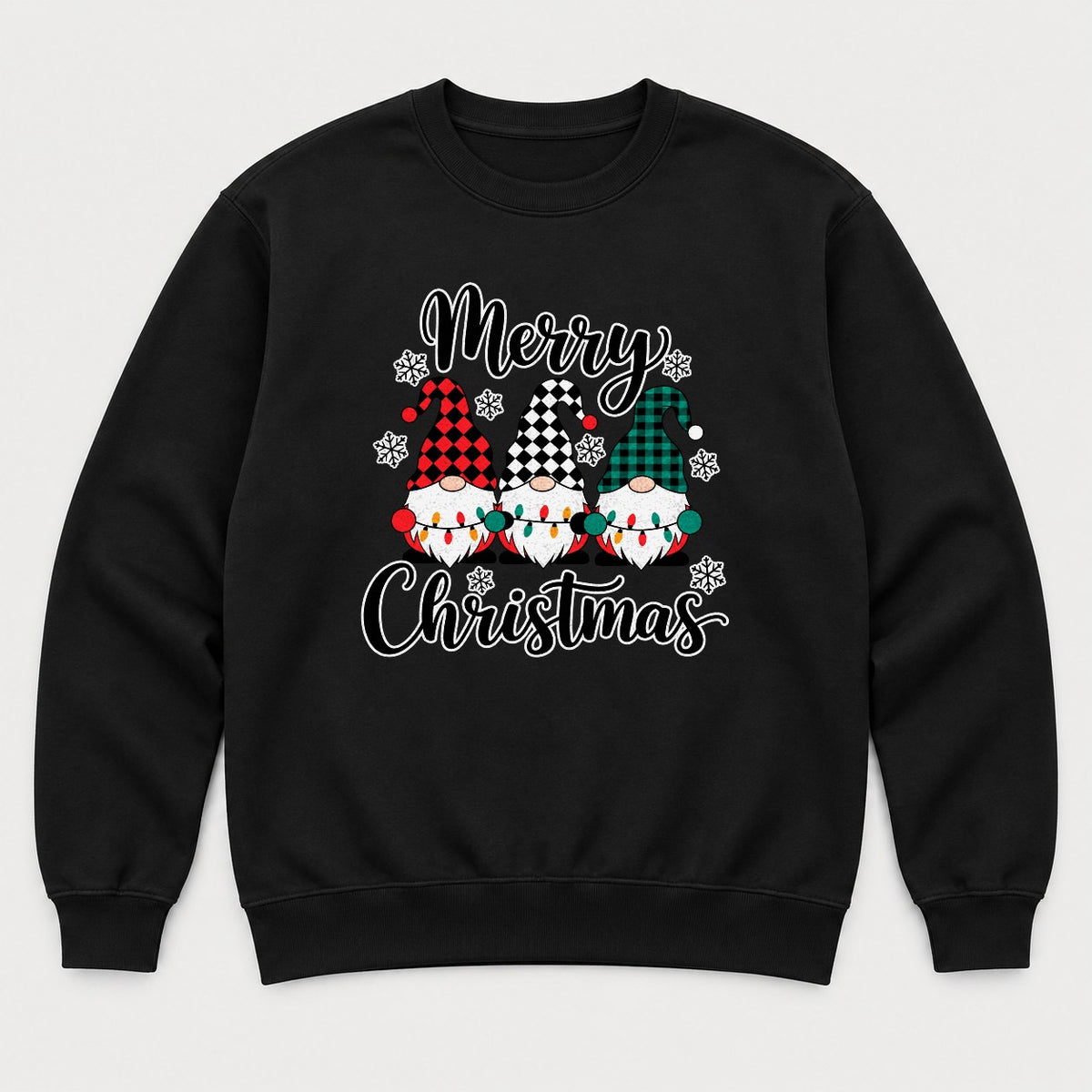 Merry Christmas Plaid Gnomes Graphic T-Shirt & Sweatshirt - Sweatshirt Black Front