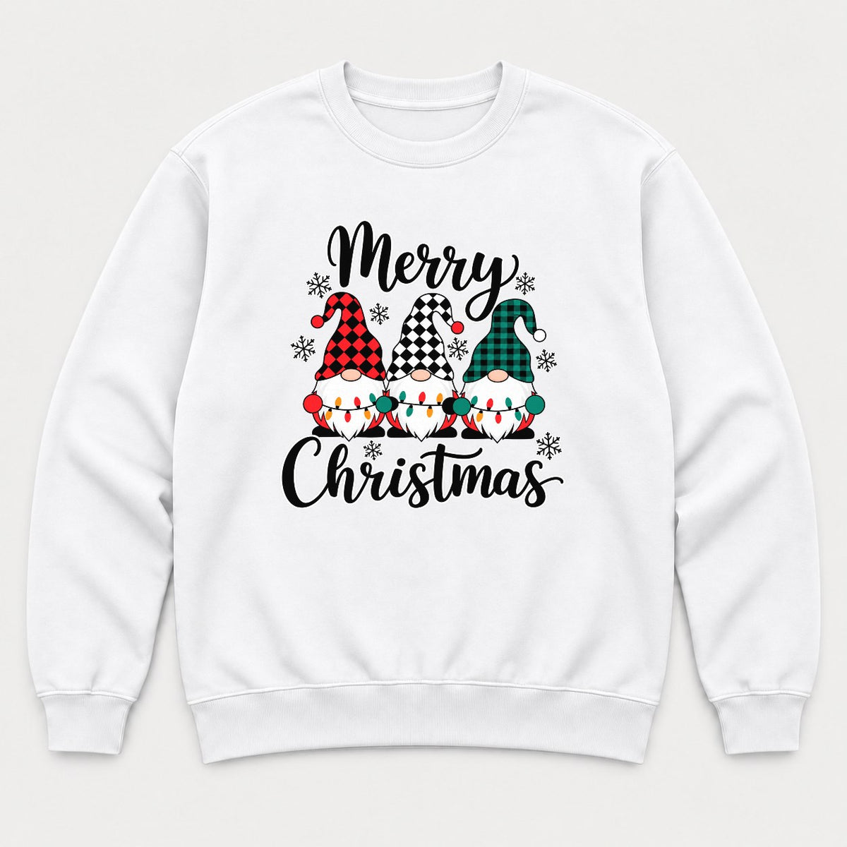 Merry Christmas Plaid Gnomes Graphic T-Shirt & Sweatshirt - Sweatshirt White Front