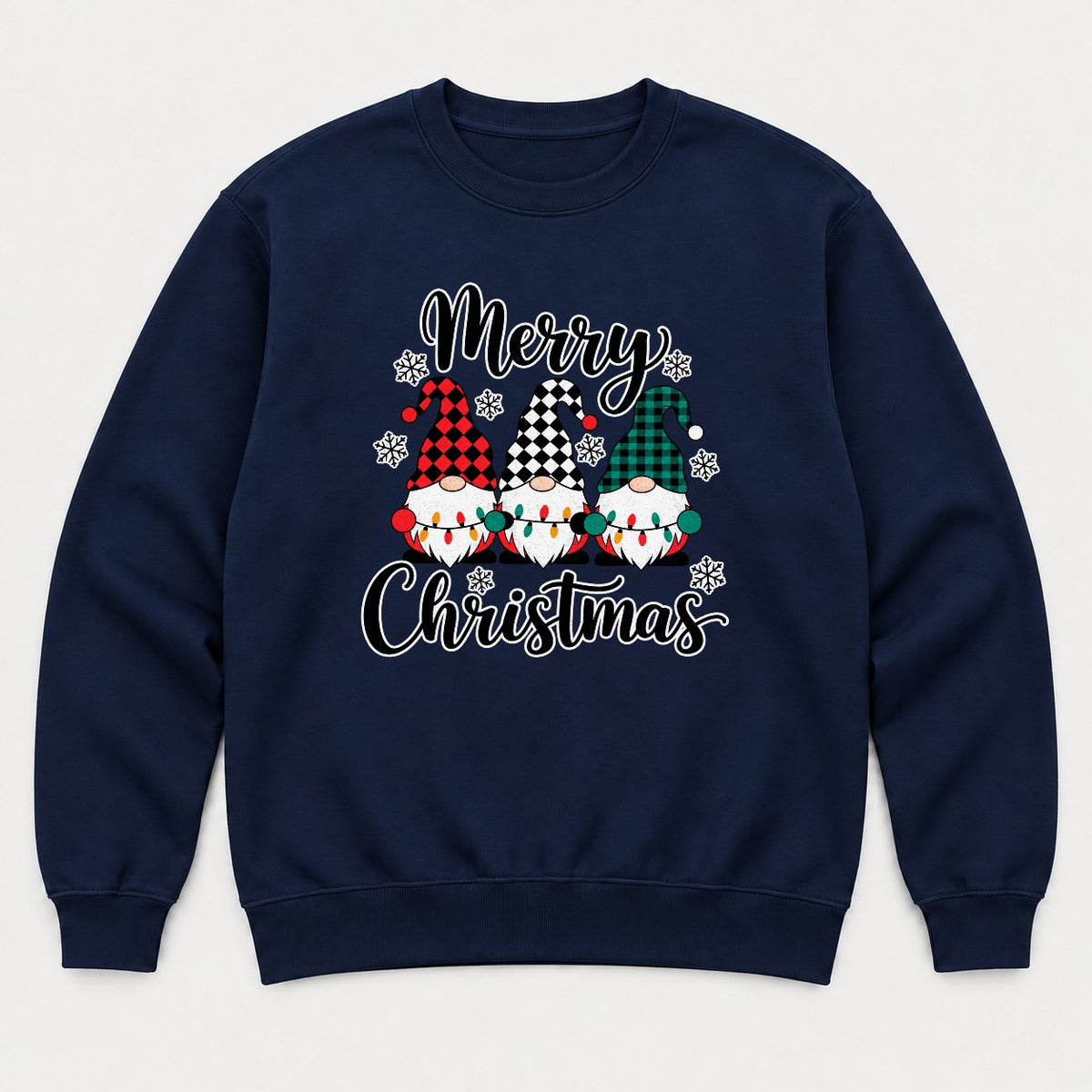 Merry Christmas Plaid Gnomes Graphic T-Shirt & Sweatshirt - Sweatshirt Navy Front