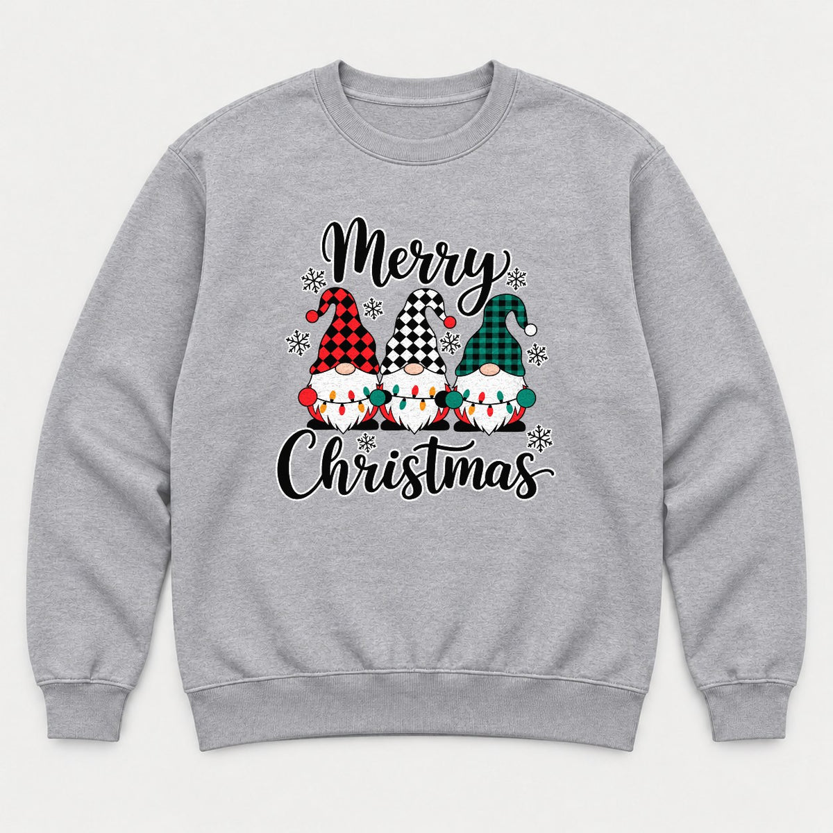 Merry Christmas Plaid Gnomes Graphic T-Shirt & Sweatshirt - Sweatshirt Sport Grey Front