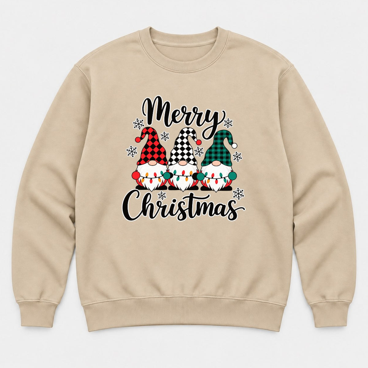 Merry Christmas Plaid Gnomes Graphic T-Shirt & Sweatshirt - Sweatshirt Sand Front