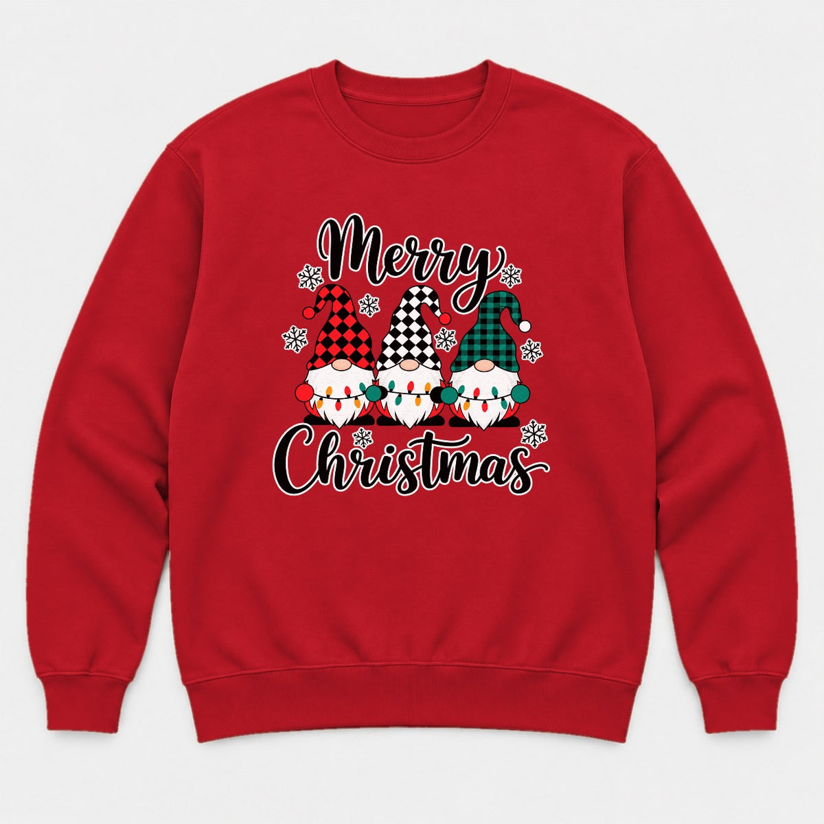 Merry Christmas Plaid Gnomes Graphic T-Shirt & Sweatshirt - Sweatshirt Red Front