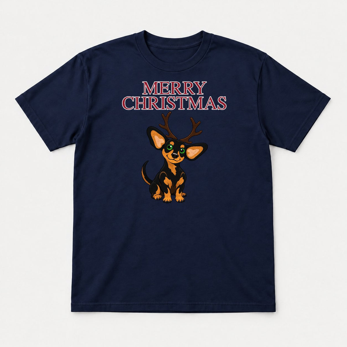 Merry Christmas Reindeer Antlers Dachshund Graphic T-Shirt & Sweatshirt - Tshirt Navy Front
