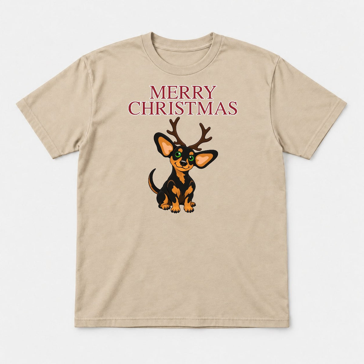 Merry Christmas Reindeer Antlers Dachshund Graphic T-Shirt & Sweatshirt - Tshirt Sand Front