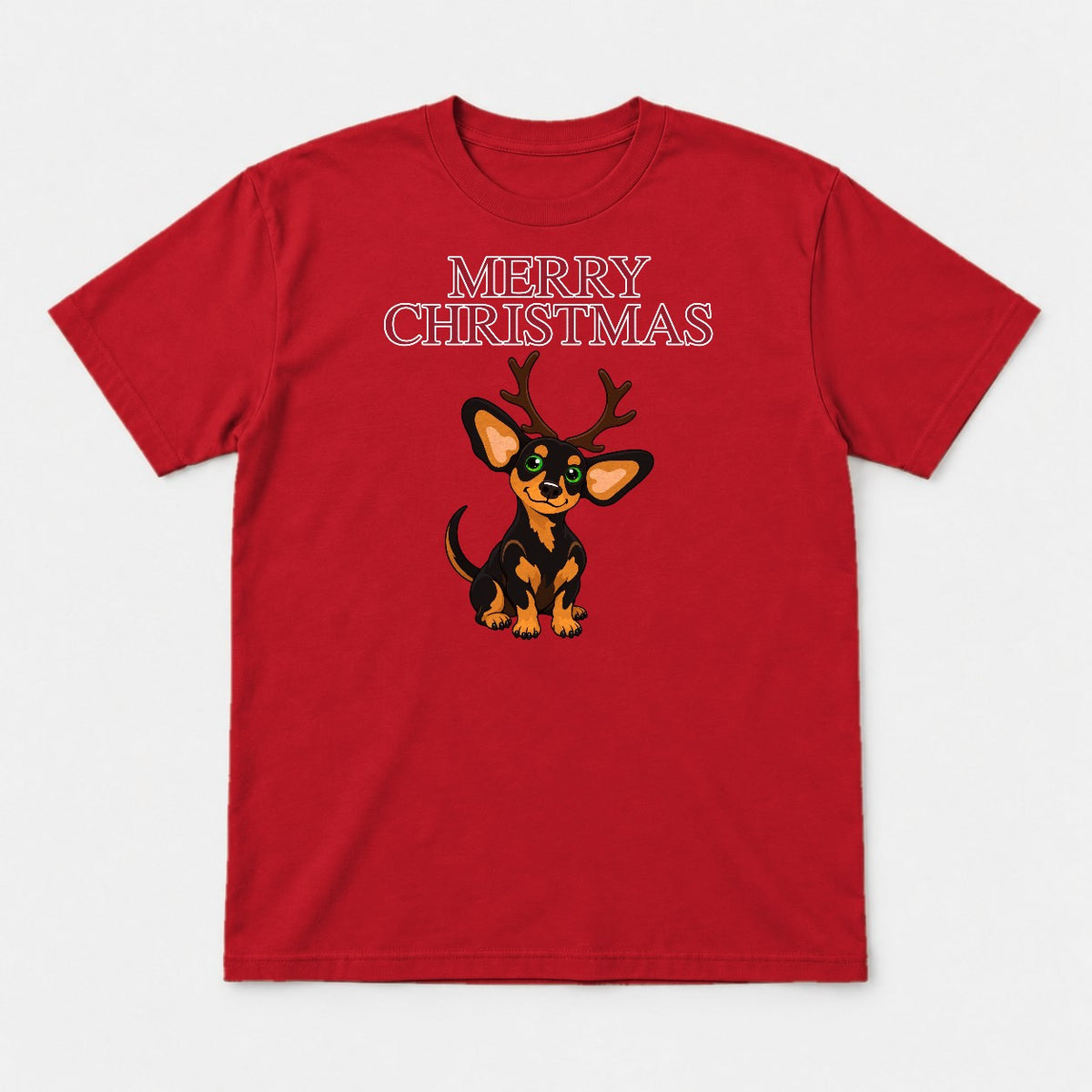 Merry Christmas Reindeer Antlers Dachshund Graphic T-Shirt & Sweatshirt - Tshirt Red Front
