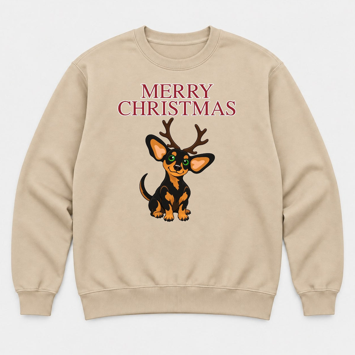 Merry Christmas Reindeer Antlers Dachshund Graphic T-Shirt & Sweatshirt - Sweatshirt Sand Front