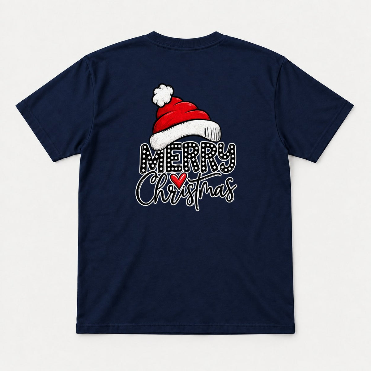 Merry Christmas Santa Hat Polka Dot Heart Graphic T-Shirt & Sweatshirt - Tshirt Navy Back