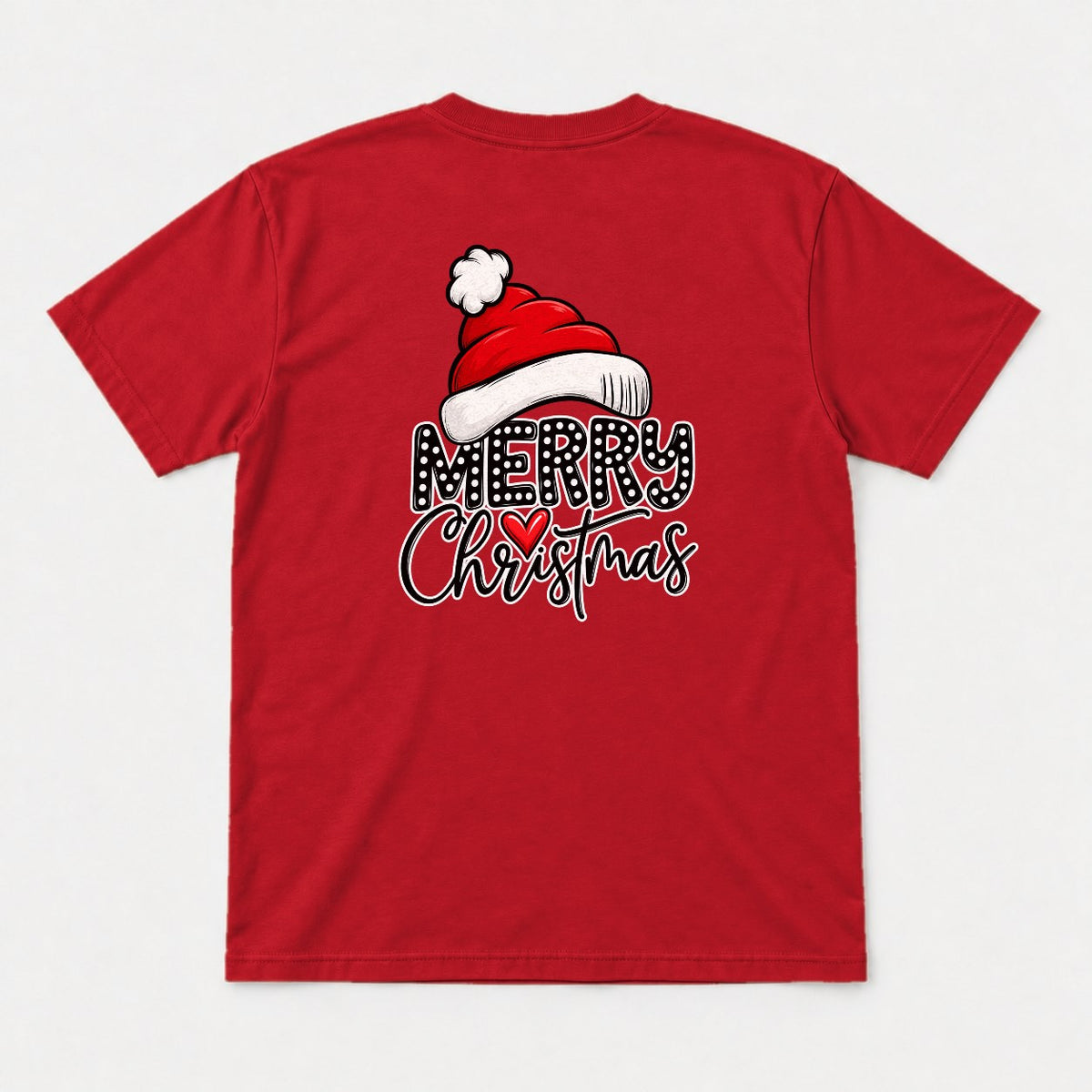 Merry Christmas Santa Hat Polka Dot Heart Graphic T-Shirt & Sweatshirt - Tshirt Red Back
