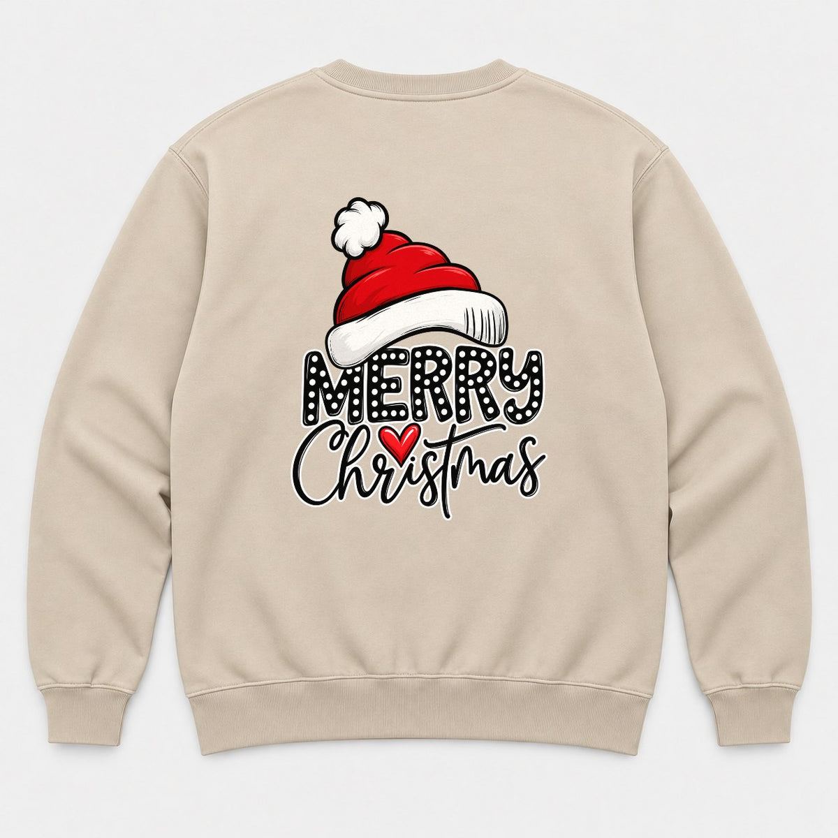 Merry Christmas Santa Hat Polka Dot Heart Graphic T-Shirt & Sweatshirt - Sweatshirt Sand Back