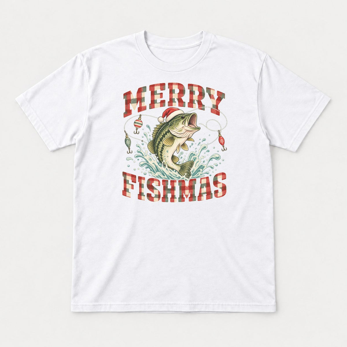 Merry Fishmas Vintage Plaid Bass Fishing Christmas Graphic T-Shirt & Sweatshirt - Tshirt White Front