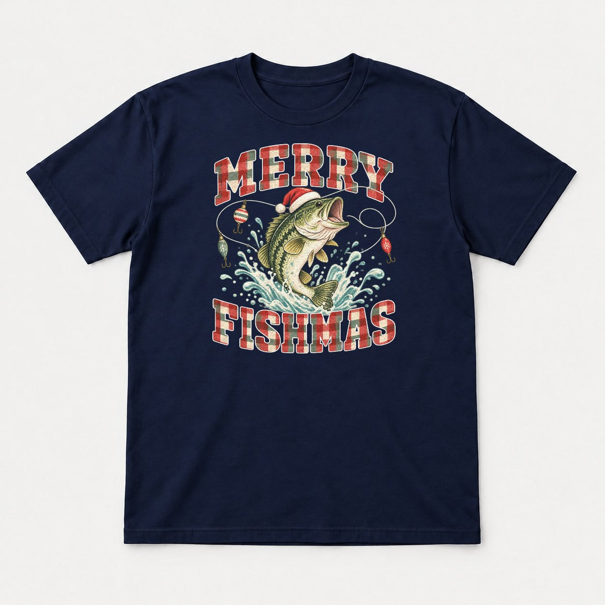 Merry Fishmas Vintage Plaid Bass Fishing Christmas Graphic T-Shirt & Sweatshirt - Tshirt Navy Front