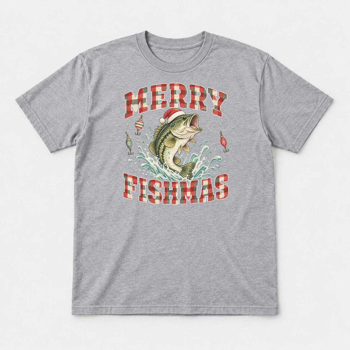Merry Fishmas Vintage Plaid Bass Fishing Christmas Graphic T-Shirt & Sweatshirt - Tshirt Sport Grey Front