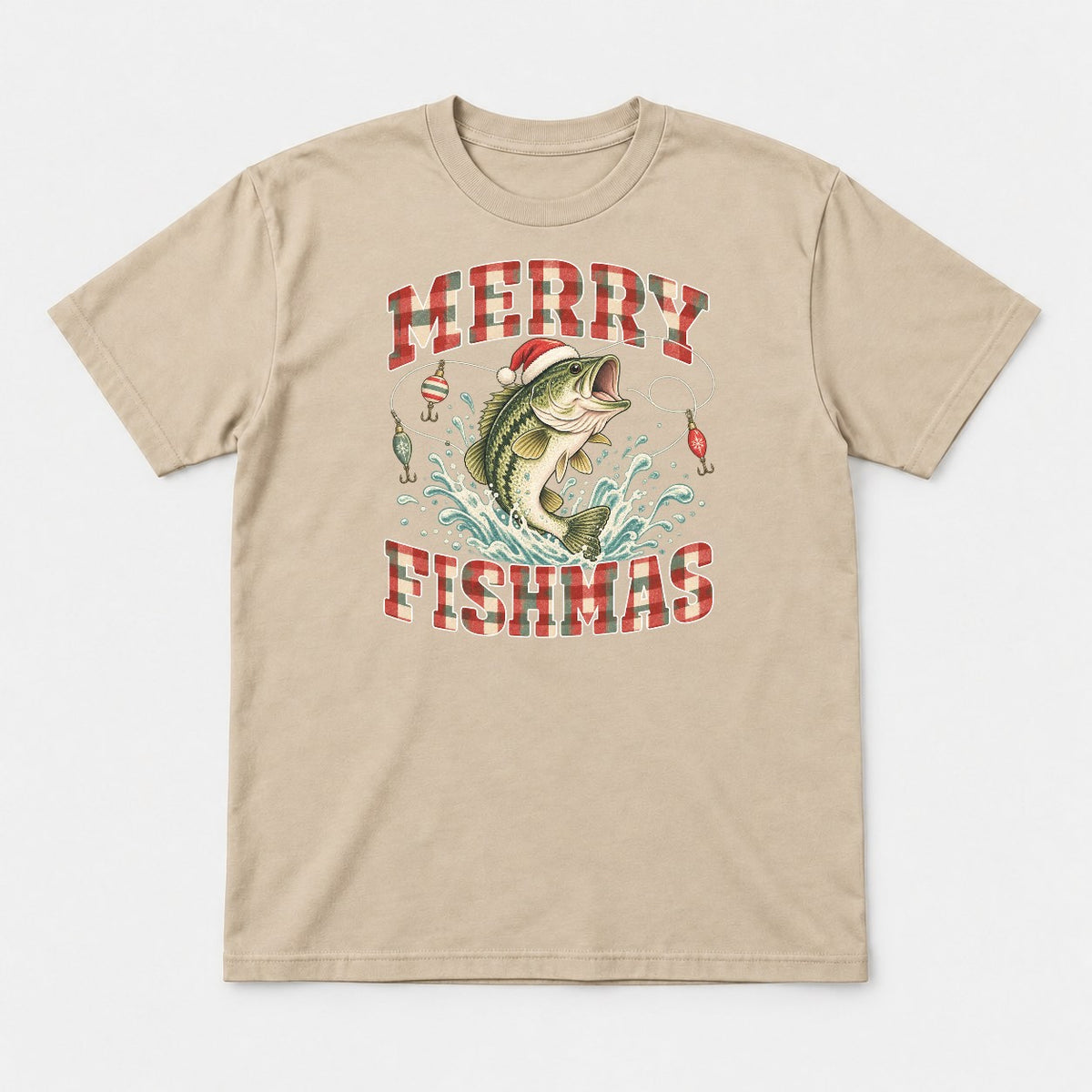 Merry Fishmas Vintage Plaid Bass Fishing Christmas Graphic T-Shirt & Sweatshirt - Tshirt Sand Front