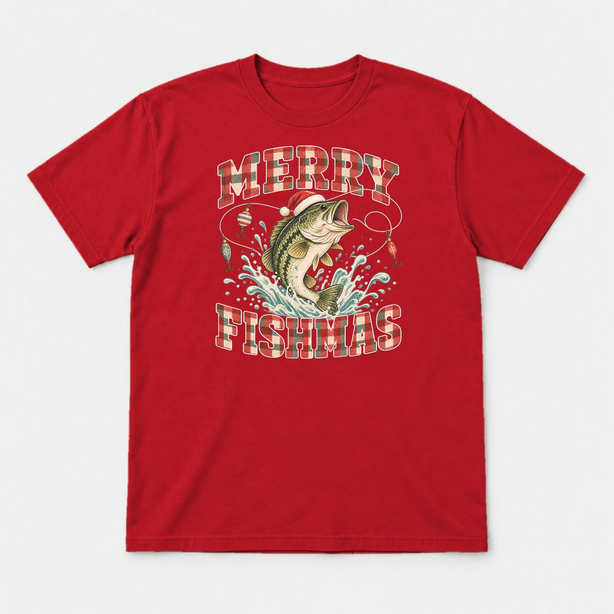 Merry Fishmas Vintage Plaid Bass Fishing Christmas Graphic T-Shirt & Sweatshirt - Tshirt Red Front