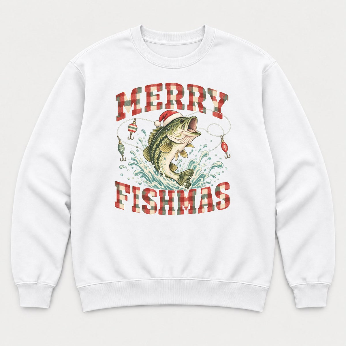 Merry Fishmas Vintage Plaid Bass Fishing Christmas Graphic T-Shirt & Sweatshirt - Sweatshirt White Front