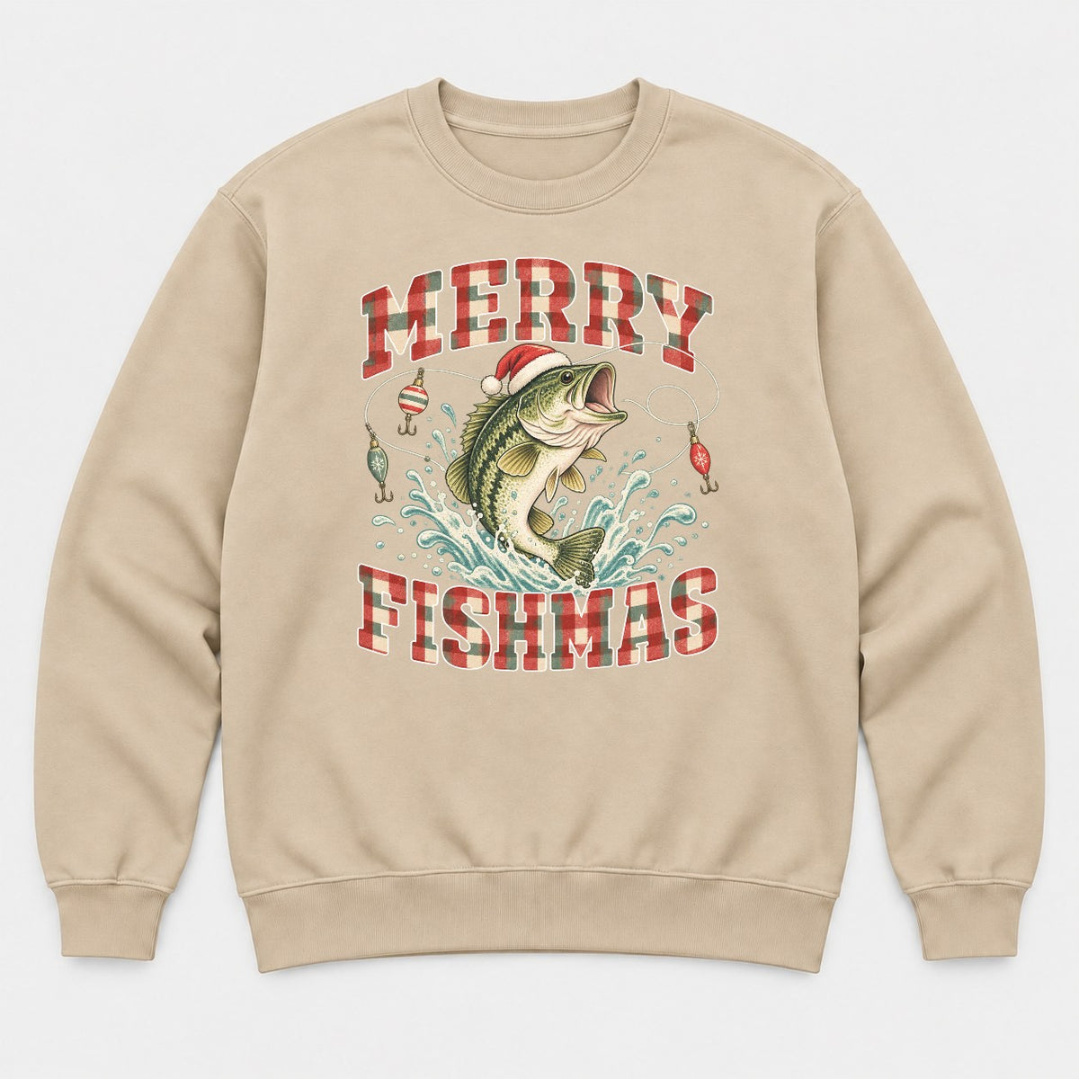 Merry Fishmas Vintage Plaid Bass Fishing Christmas Graphic T-Shirt & Sweatshirt - Sweatshirt Sand Front