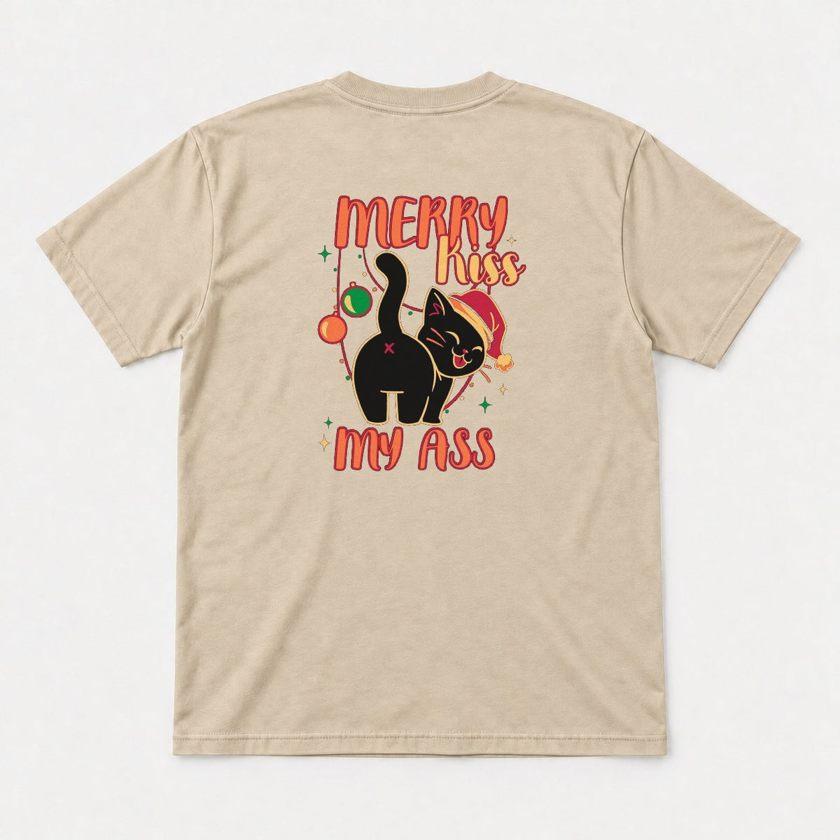 Merry Kiss My Ass Funny Black Cat Christmas Graphic T-Shirt & Sweatshirt - Tshirt Sand Back