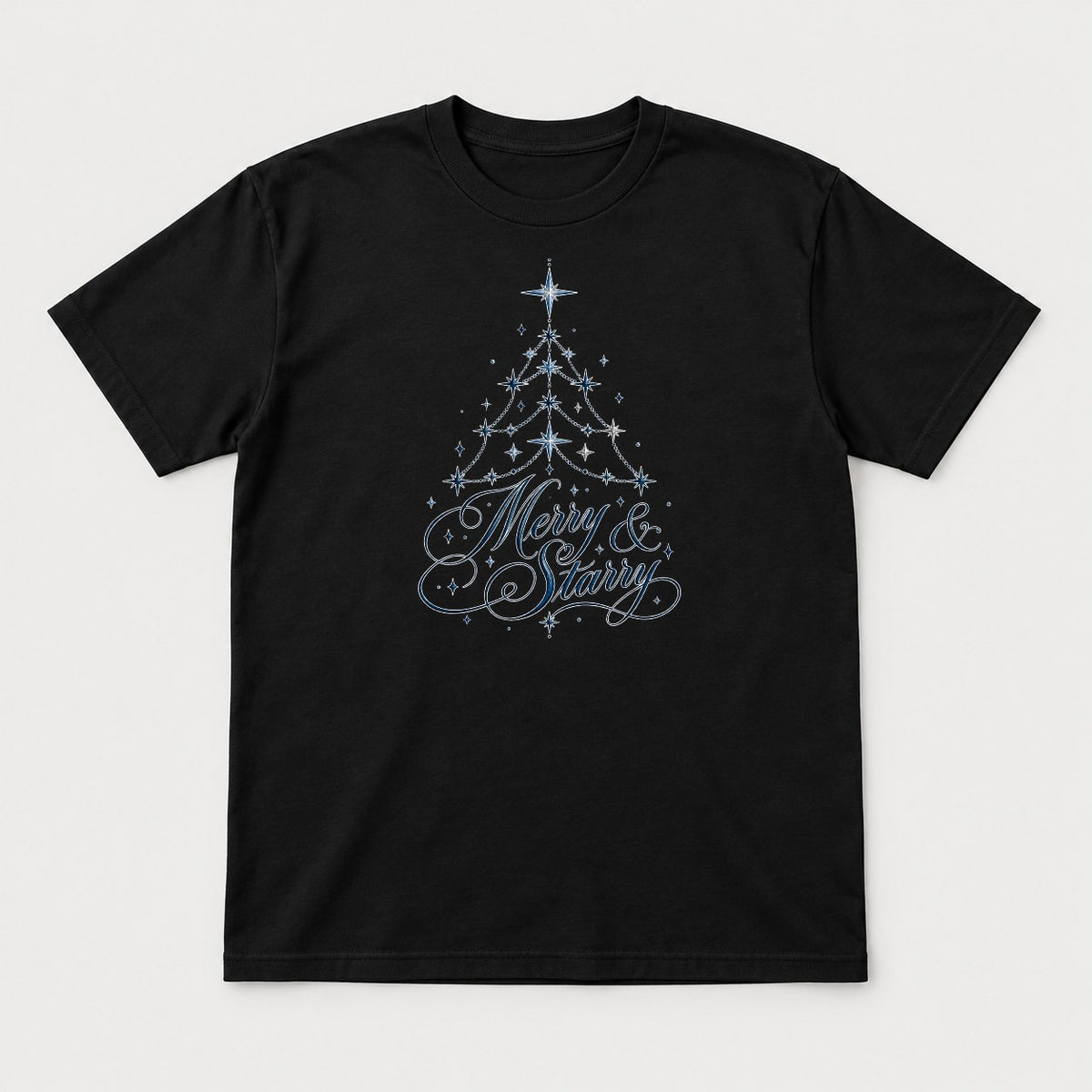 Merry & Starry Celestial Christmas Tree Graphic T-Shirt & Sweatshirt - Tshirt Black Front