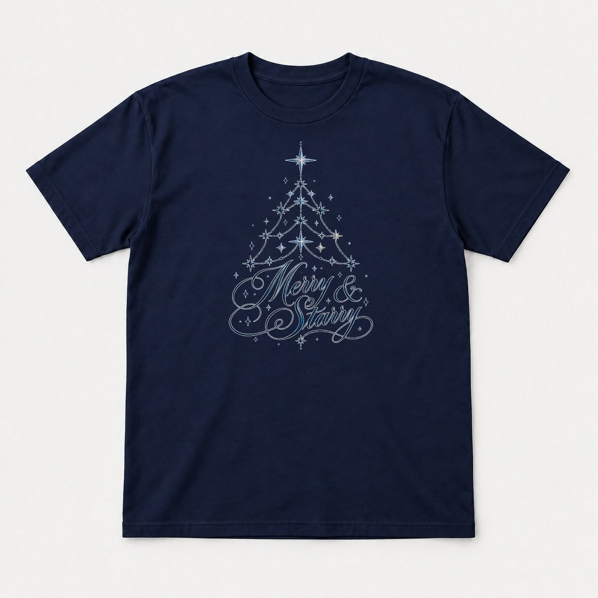 Merry & Starry Celestial Christmas Tree Graphic T-Shirt & Sweatshirt - Tshirt Navy Front