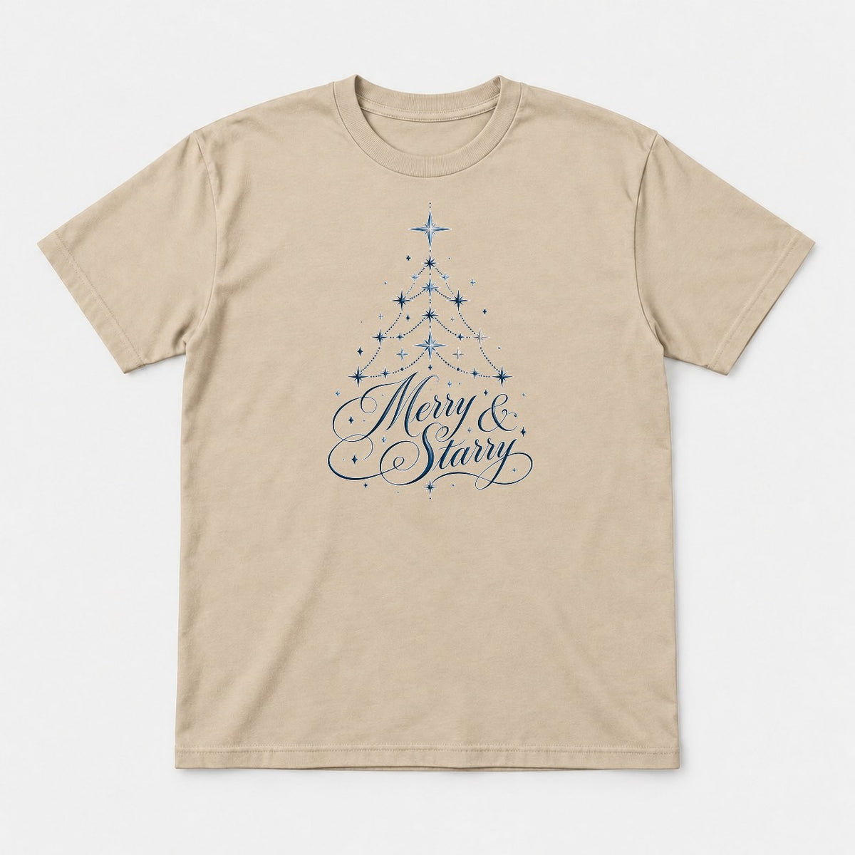 Merry & Starry Celestial Christmas Tree Graphic T-Shirt & Sweatshirt - Tshirt Sand Front