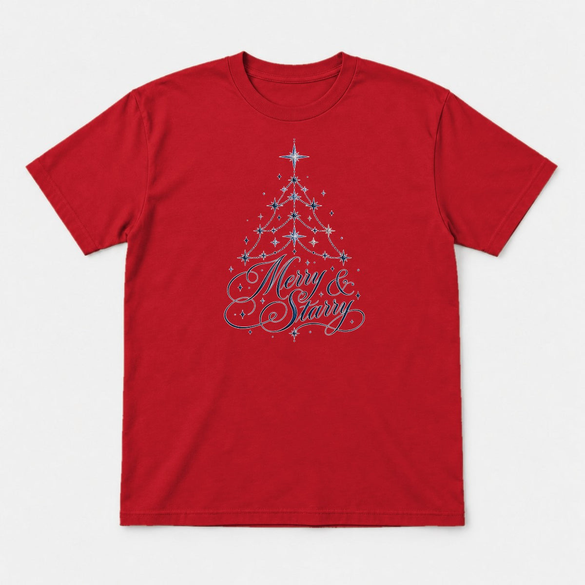 Merry & Starry Celestial Christmas Tree Graphic T-Shirt & Sweatshirt - Tshirt Red Front
