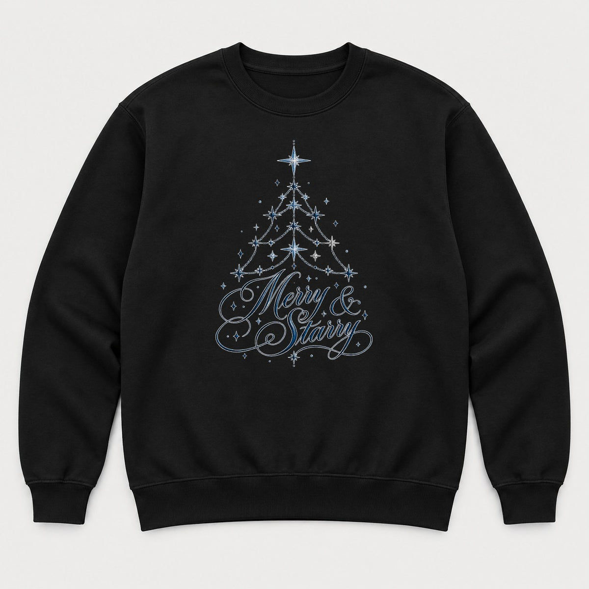 Merry & Starry Celestial Christmas Tree Graphic T-Shirt & Sweatshirt - Sweatshirt Black Front
