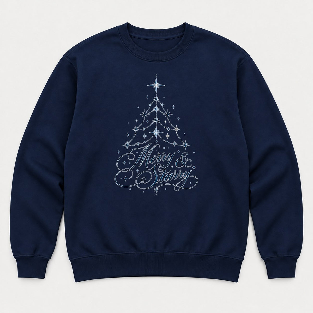Merry & Starry Celestial Christmas Tree Graphic T-Shirt & Sweatshirt - Sweatshirt Navy Front
