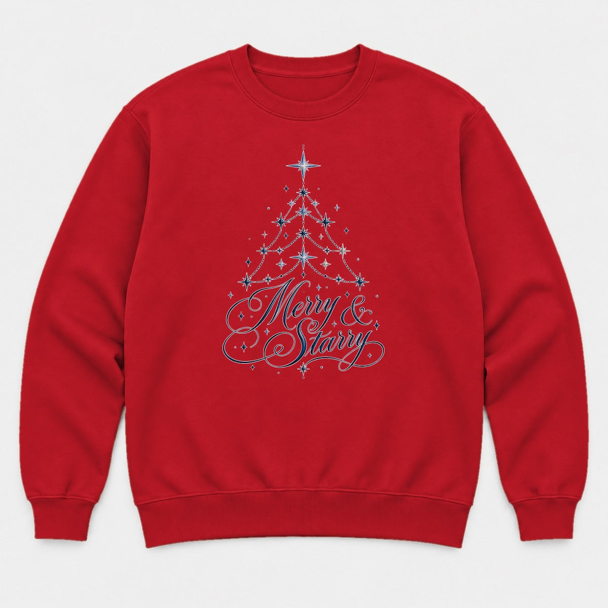 Merry & Starry Celestial Christmas Tree Graphic T-Shirt & Sweatshirt - Sweatshirt Red Front