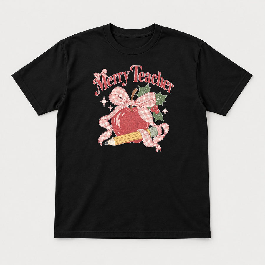Merry Teacher Coquette Apple Bow Christmas Graphic T-Shirt & Sweatshirt