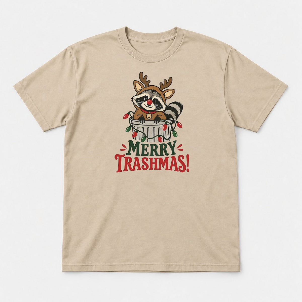 Merry Trashmas Raccoon Reindeer Christmas Graphic T-Shirt & Sweatshirt - Tshirt Sand Front